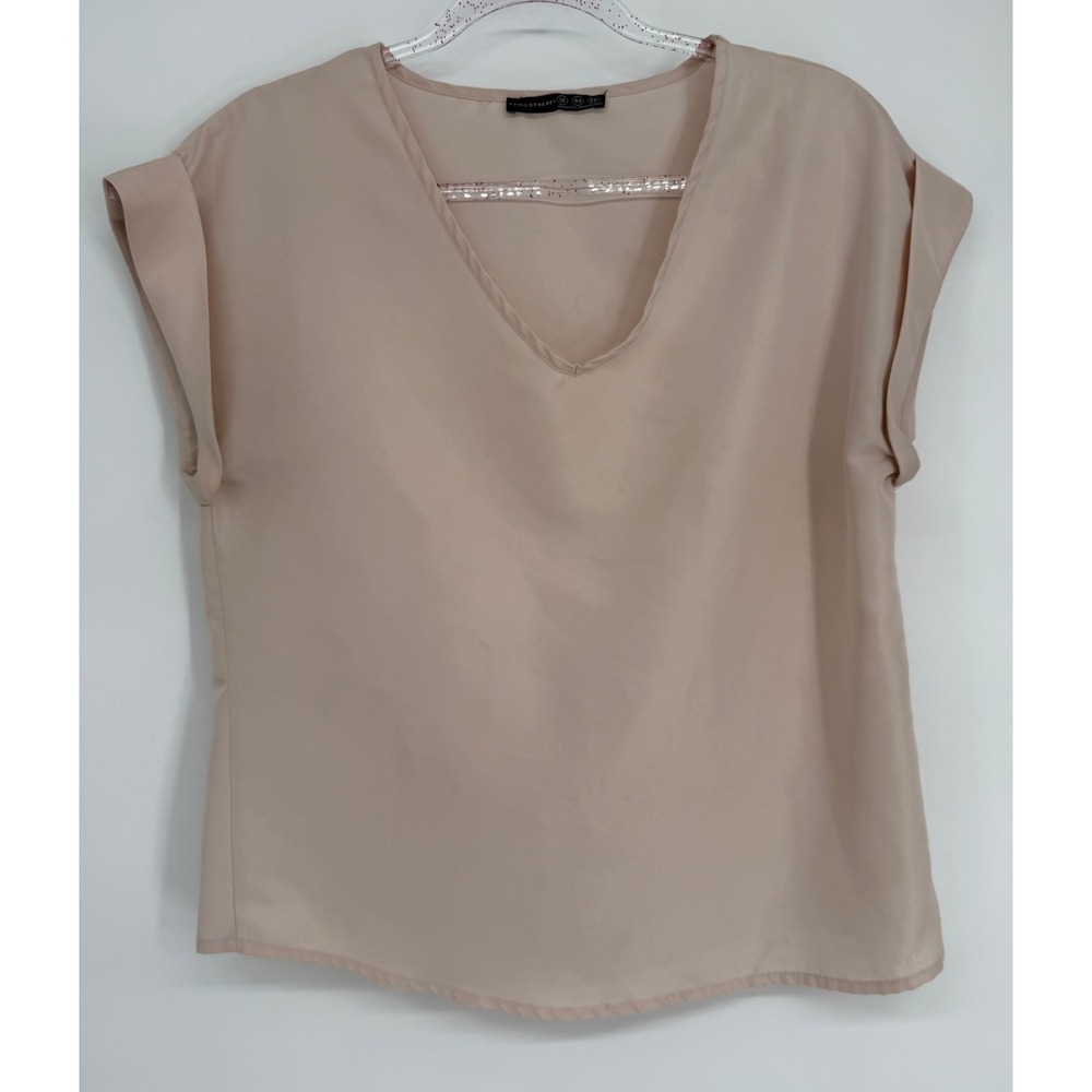 Atmosphere Womens Blush Pink V-Neck‎ Cuffed Cap Sleeve Blouse Top Sz 12